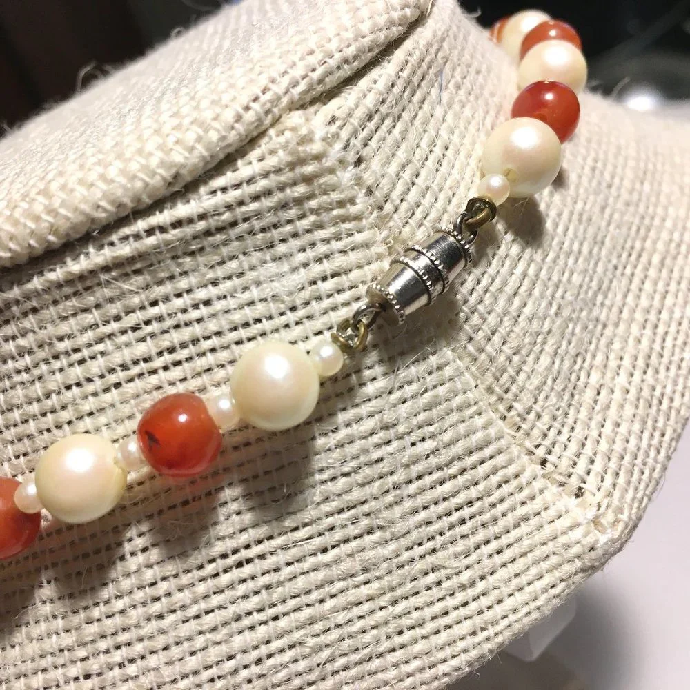 Classic Vintage Red Bead + Faux Pearl Necklace